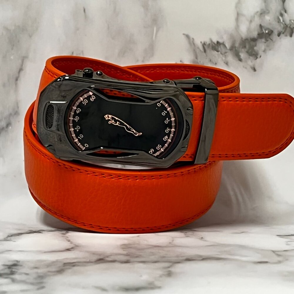 Orange belt Men's Leather Ratchet Belt with Automatic Buckle Adjustable Jeans
